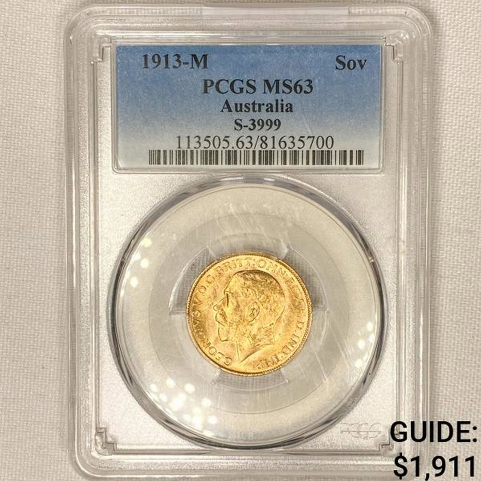 1913-M Australian Gold Sov PCGS MS63 S-3999: 1913-M Australian Gold Sov PCGS MS63 S-3999