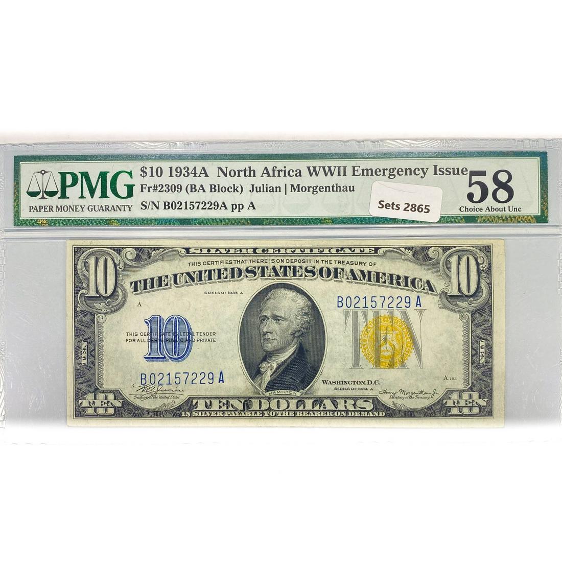 1934 A N. Africa WW2 $10 Silver Cert. PMG Ch AU (1 of 2)