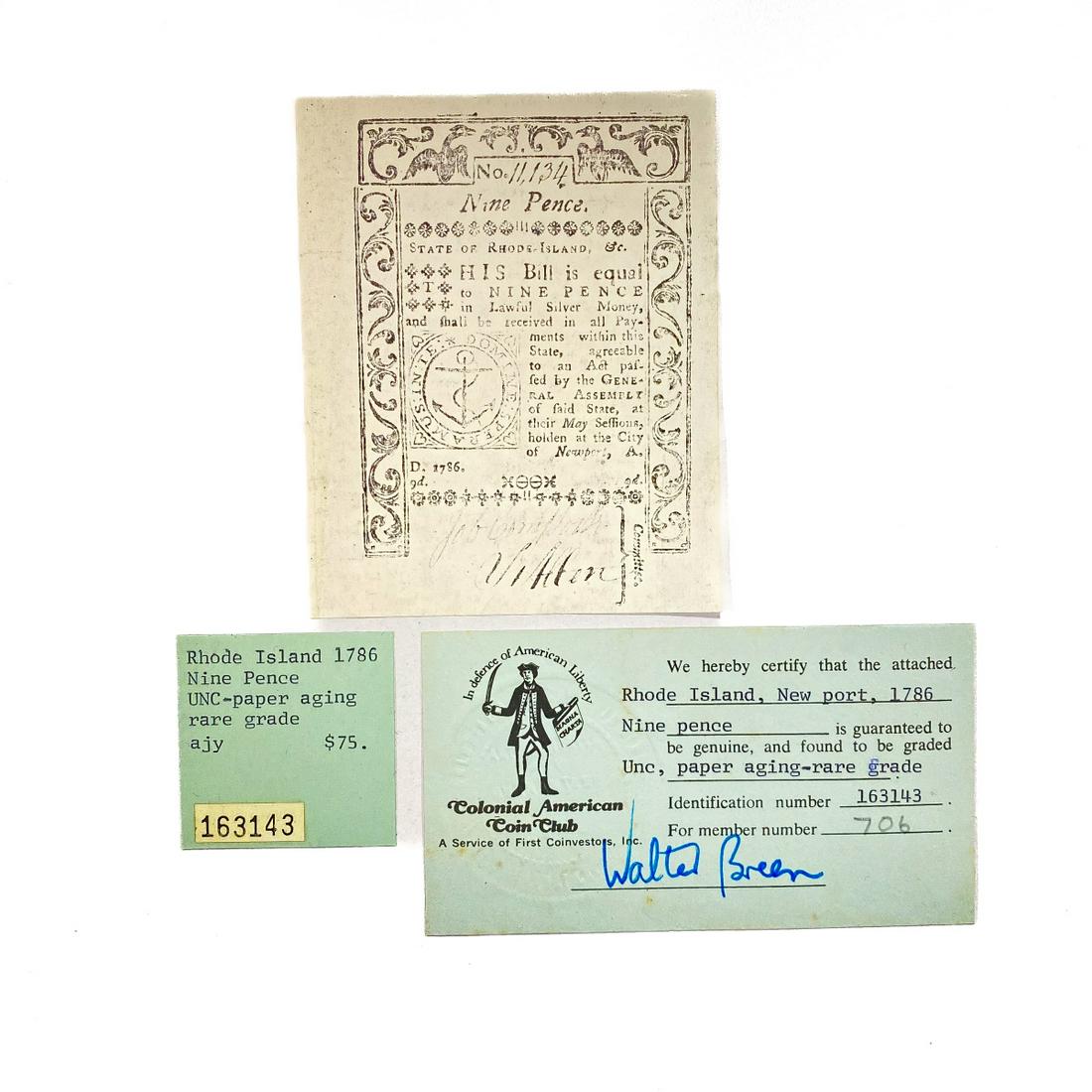 1786 Rhode Island 9 Pence Note UNC (1 of 2)