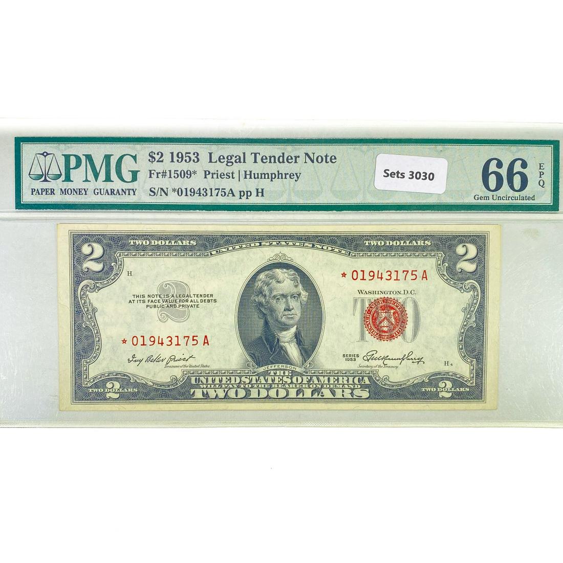 1953 Star $2 Legal Tender Note PMG GEM UNC 66 (1 of 2)