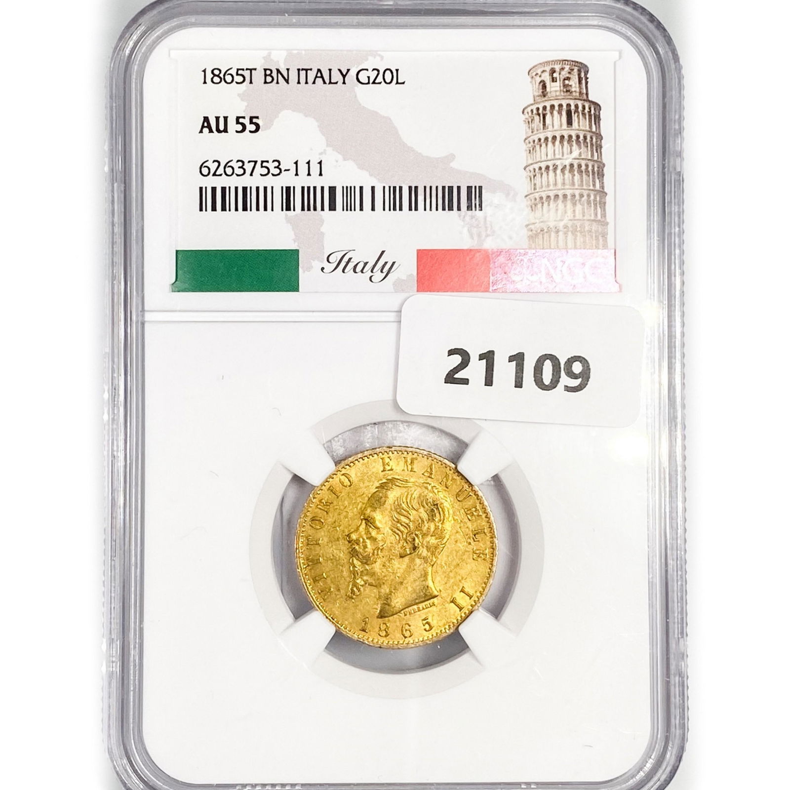 1865T 20 Lire .23oz Italy Gold NGC AU55 (1 of 2)
