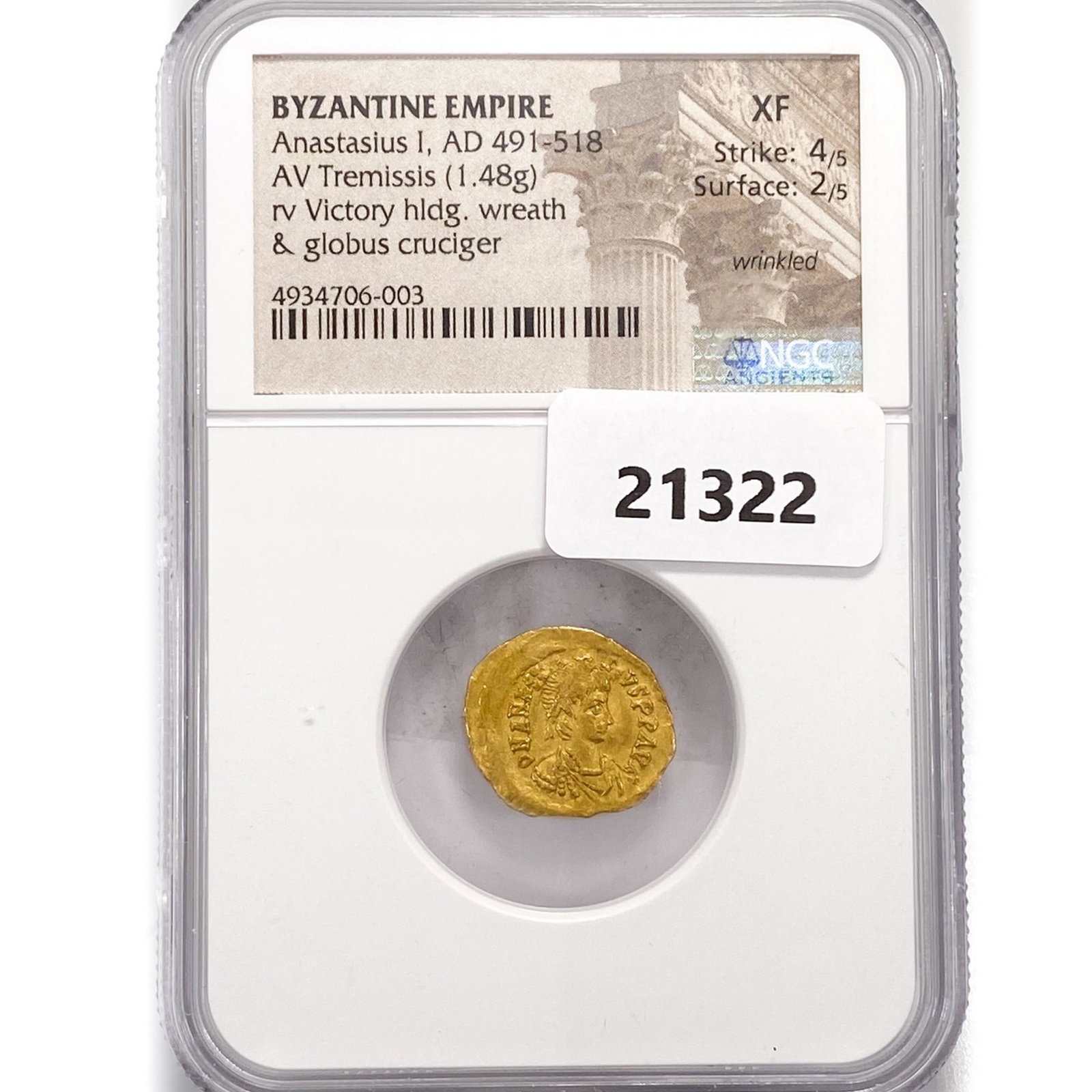 AD 491 Byzantine AV Tremissis 1.48g Gold NGC XF: AD 491 Byzantine AV Tremissis 1.48g Gold NGC XF