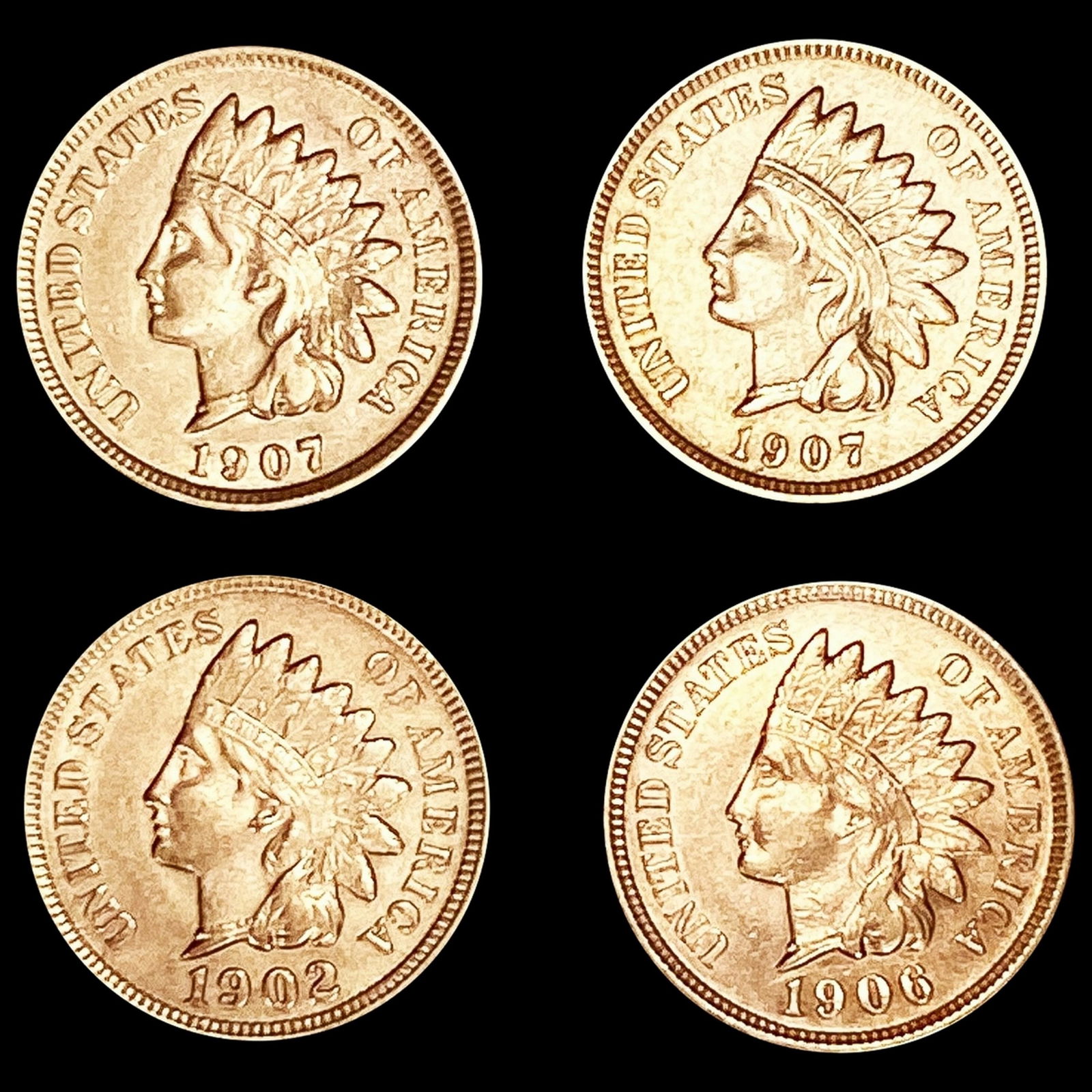 (4) Indian Head Cents (1902, 1906, (2) 1907) UNCI (1 of 2)