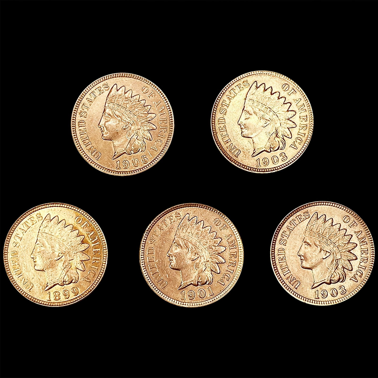 (5) Indian Head Cents (1899, 1901, (2) 1903, 1906 (1 of 2)