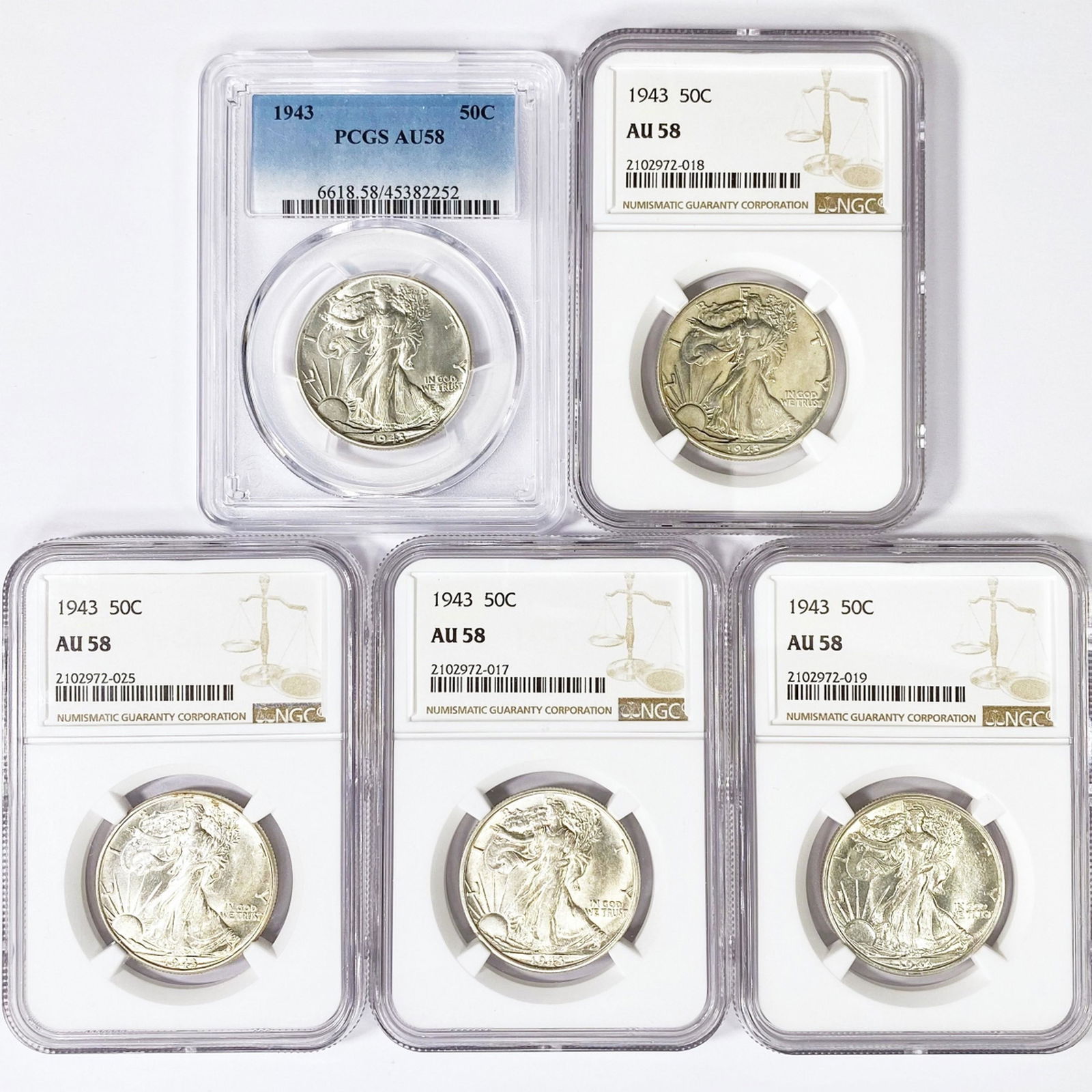 1943 Set (5) Walking Liberty Half Dollar AU58 (1 of 2)