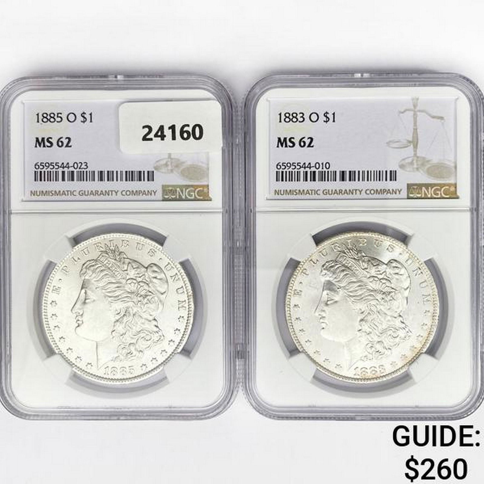 1885-O, 1883-O Set (2) Morgan Dollars NGC MS62 (1 of 2)