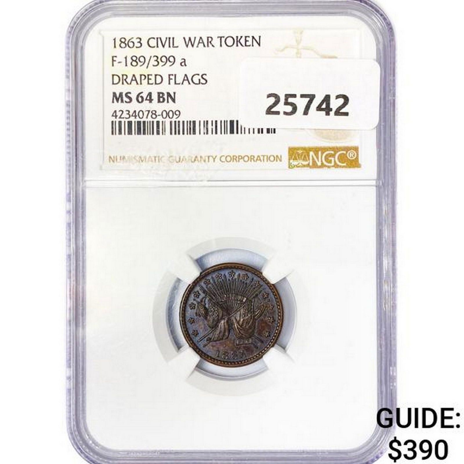 1863 Civil War Token NGC MS64 BN, F-189/399 a (1 of 2)