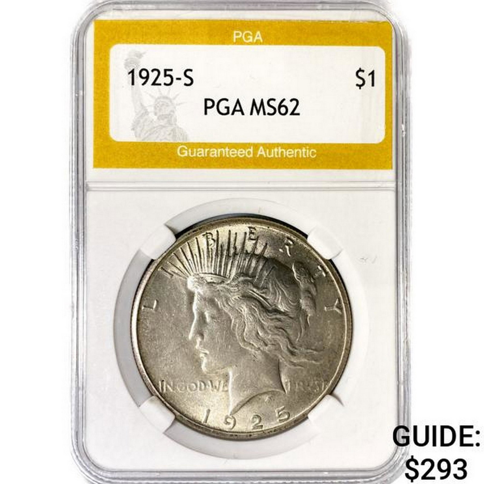 1925-S Silver Peace Dollar PGA MS62: 1925-S Silver Peace Dollar PGA MS62
