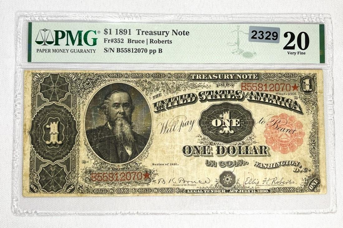 1891 $1 Treasury Note, PMG Certified VF20 (1 of 2)