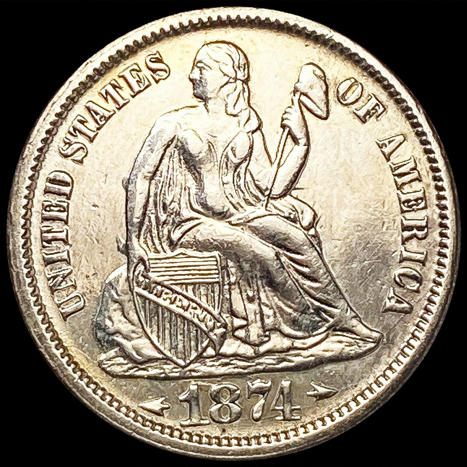 1874 Arws Seated Liberty Dime ABOUT UNCIRCULATED (1 of 2)