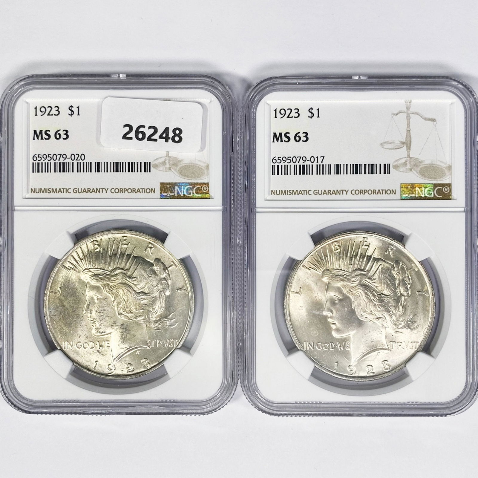 1923 Set (2) Silver Peace Dollar NGC MS63 (1 of 2)