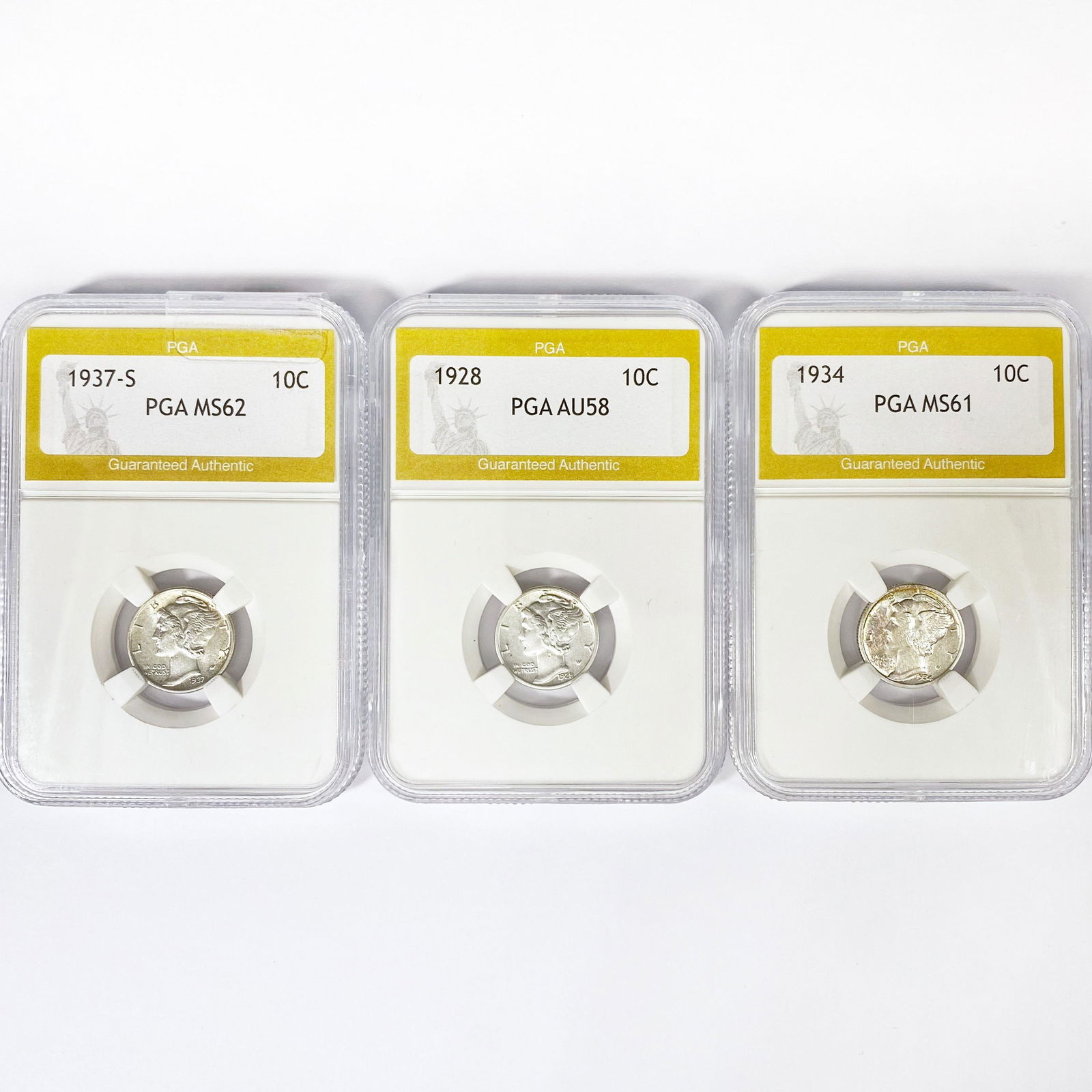 1928-1937 Set (3) Mercury Silver Dime PGA AU, MS (1 of 2)