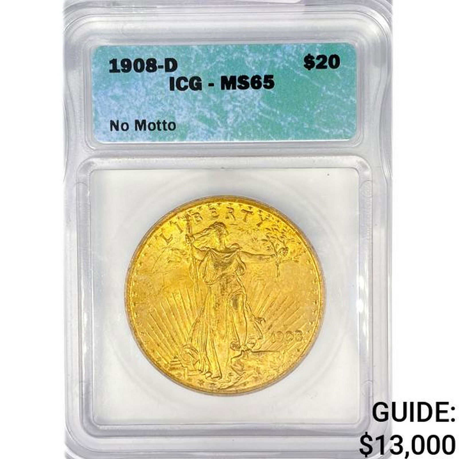 1908-D $20 Gold Double Eagle ICG MS65 No Motto (1 of 2)