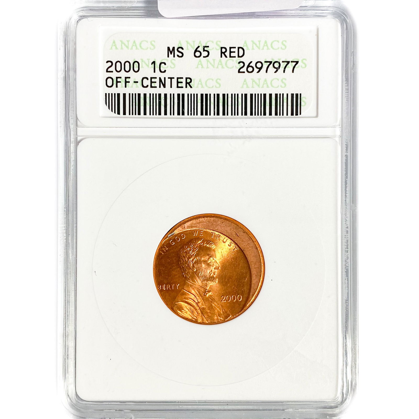 2000 Lincoln Memorial Cent ANACS MS65 RED Off-Cent (1 of 2)
