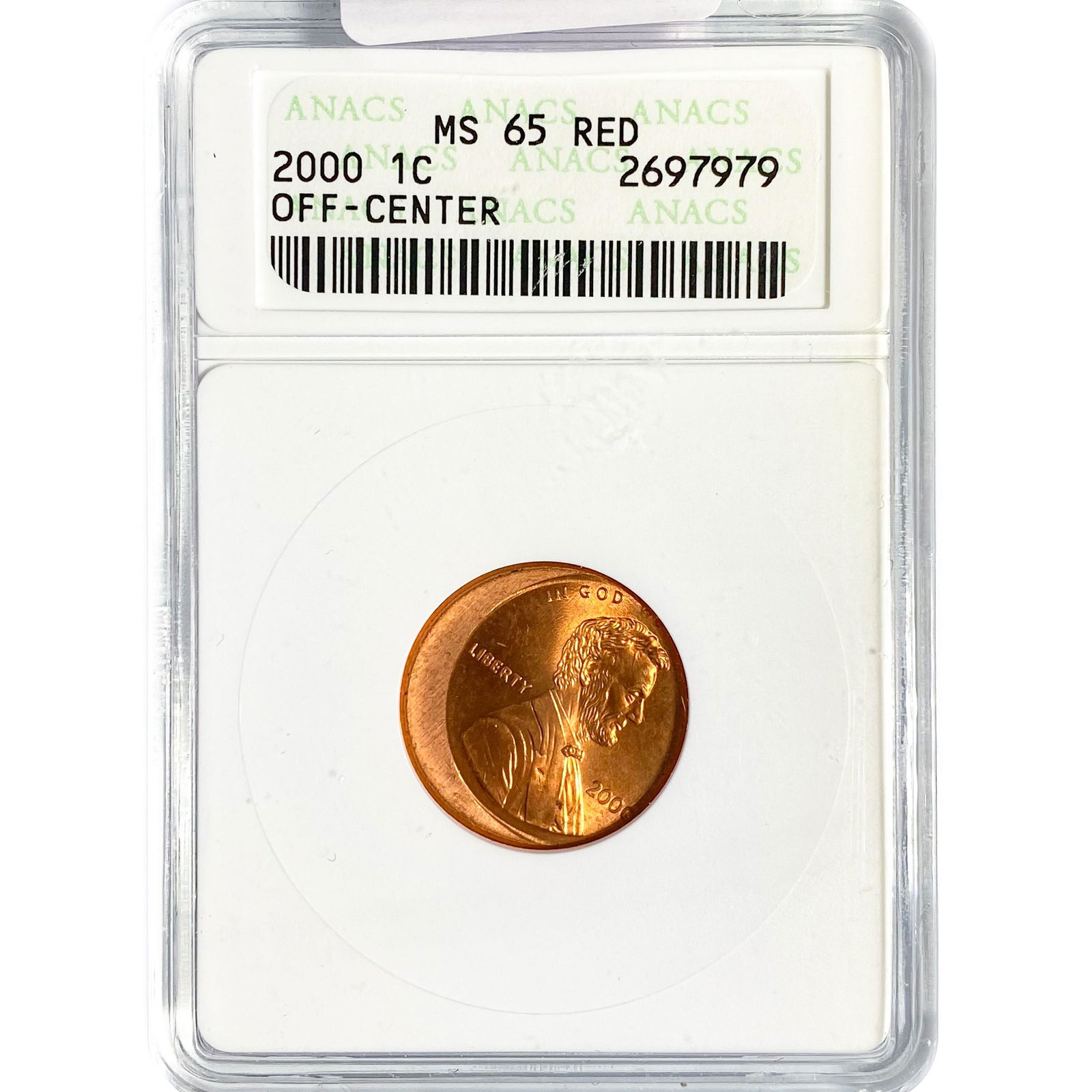 2000 Lincoln Memorial Cent ANACS MS65 RED Off-Cent (1 of 2)