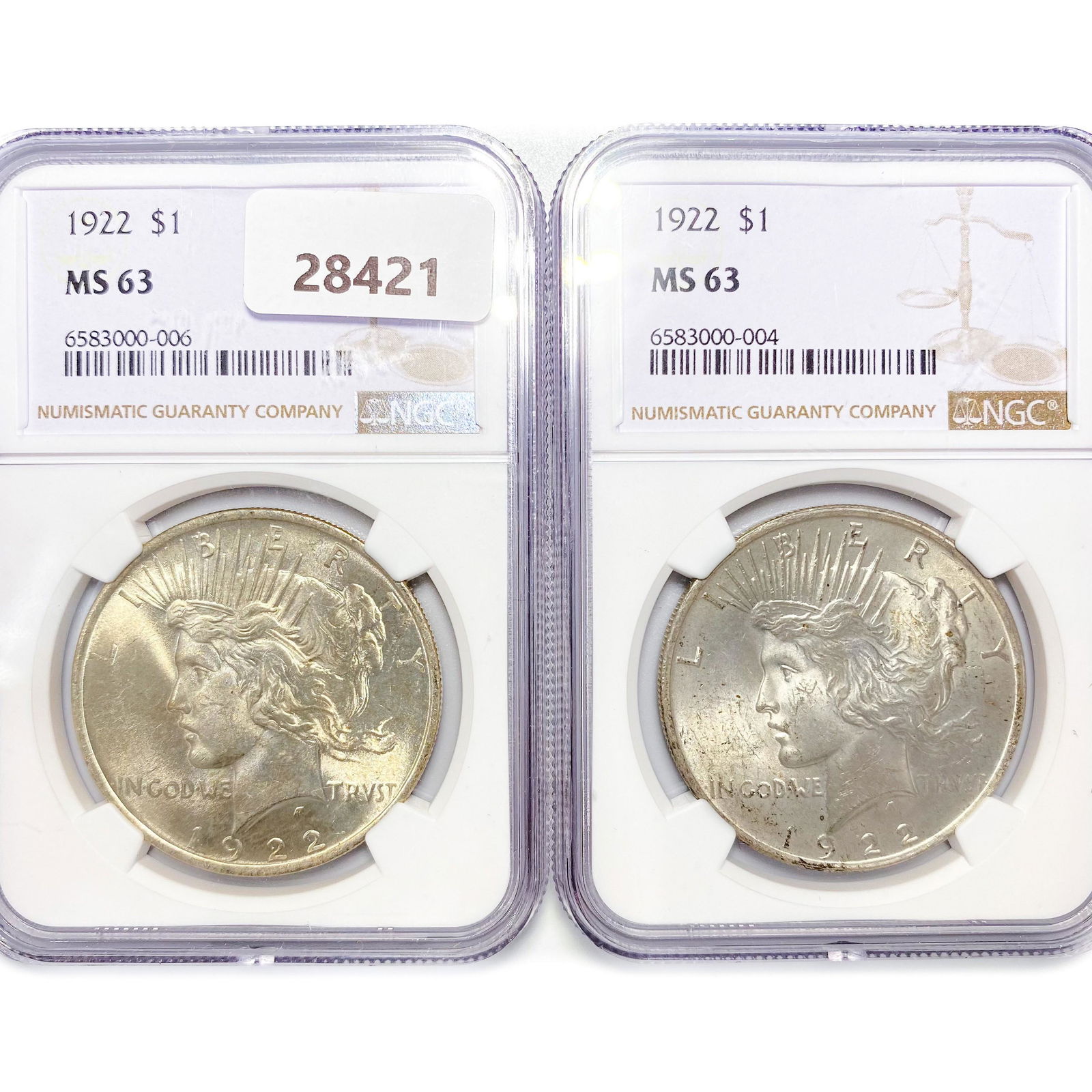 1922 Set (2) Silver Peace Dollar NGC MS63 (1 of 2)