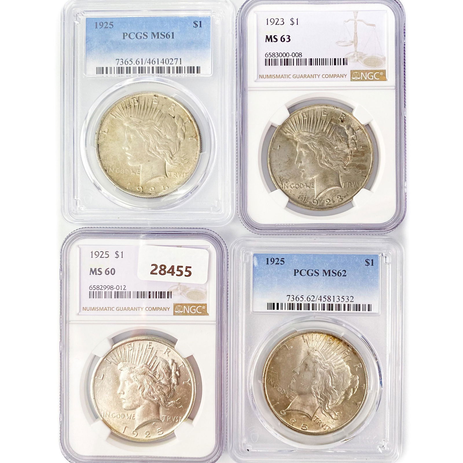 1925 (3), 1923 Set of 4 Silver Peace Dollar MS (1 of 2)