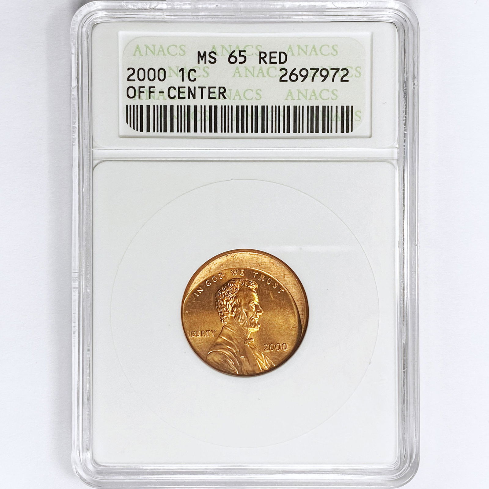 2000 Lincoln Memorial Cent ANACS MS65 RED Off-Cent (1 of 2)