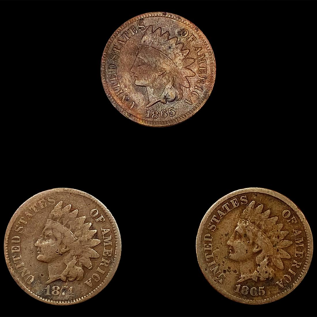 (3) Indian Head Cents ((2) 1865, 1874) NICELY CIRC (1 of 2)