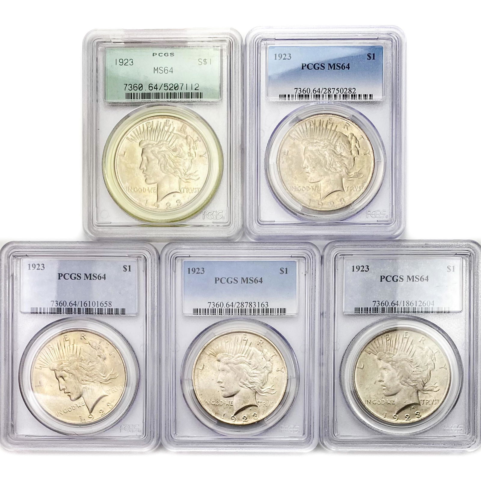 1923 Set (5) Silver Peace Dollar PCGS MS64 (1 of 2)