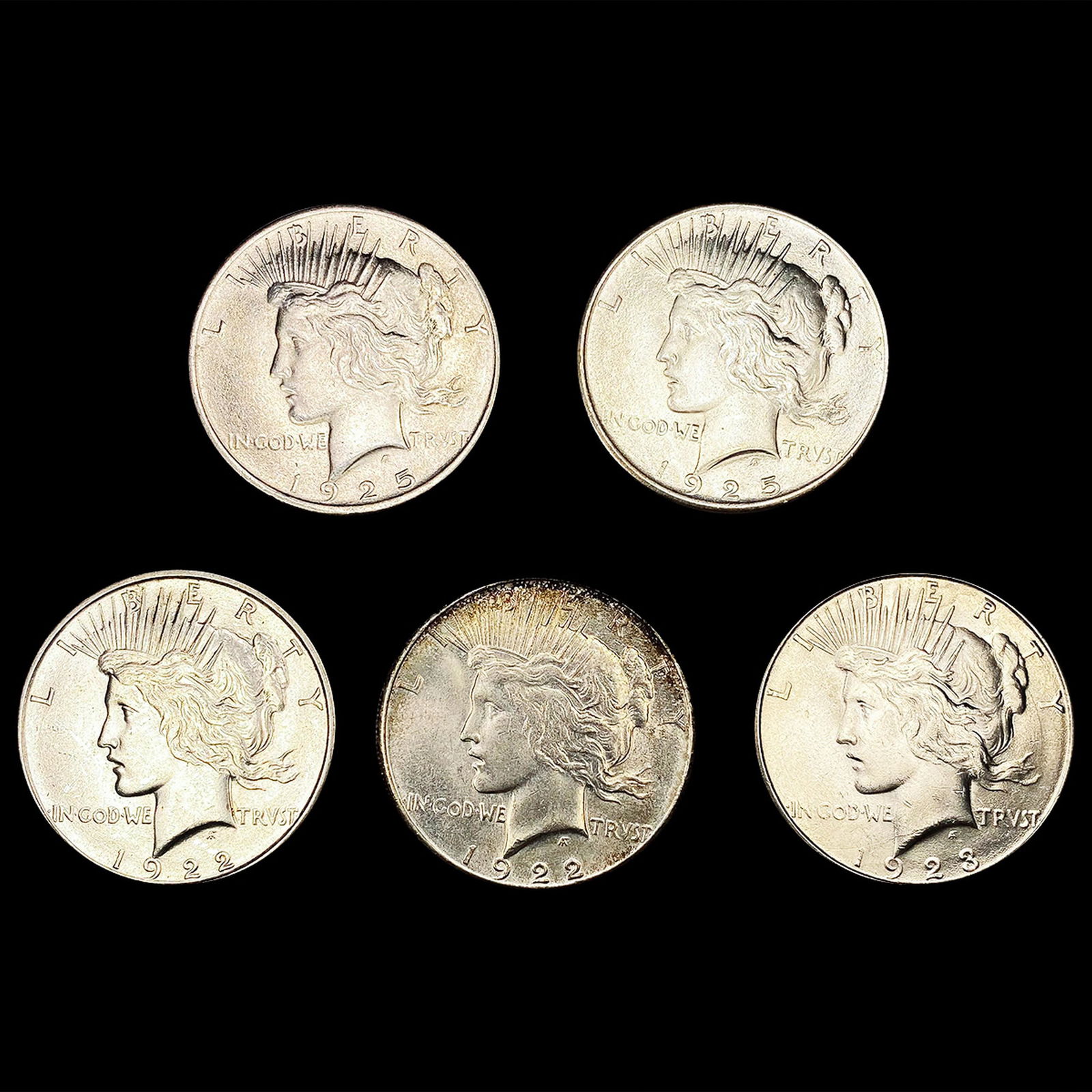 (5) Peace Silver Dollars (1922-S, 1922-D, 1923-S, (1 of 2)
