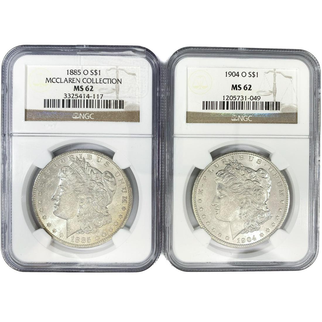 1885-O, 1904-O Set (2) Morgan Silver Dollar NGC MS (1 of 2)