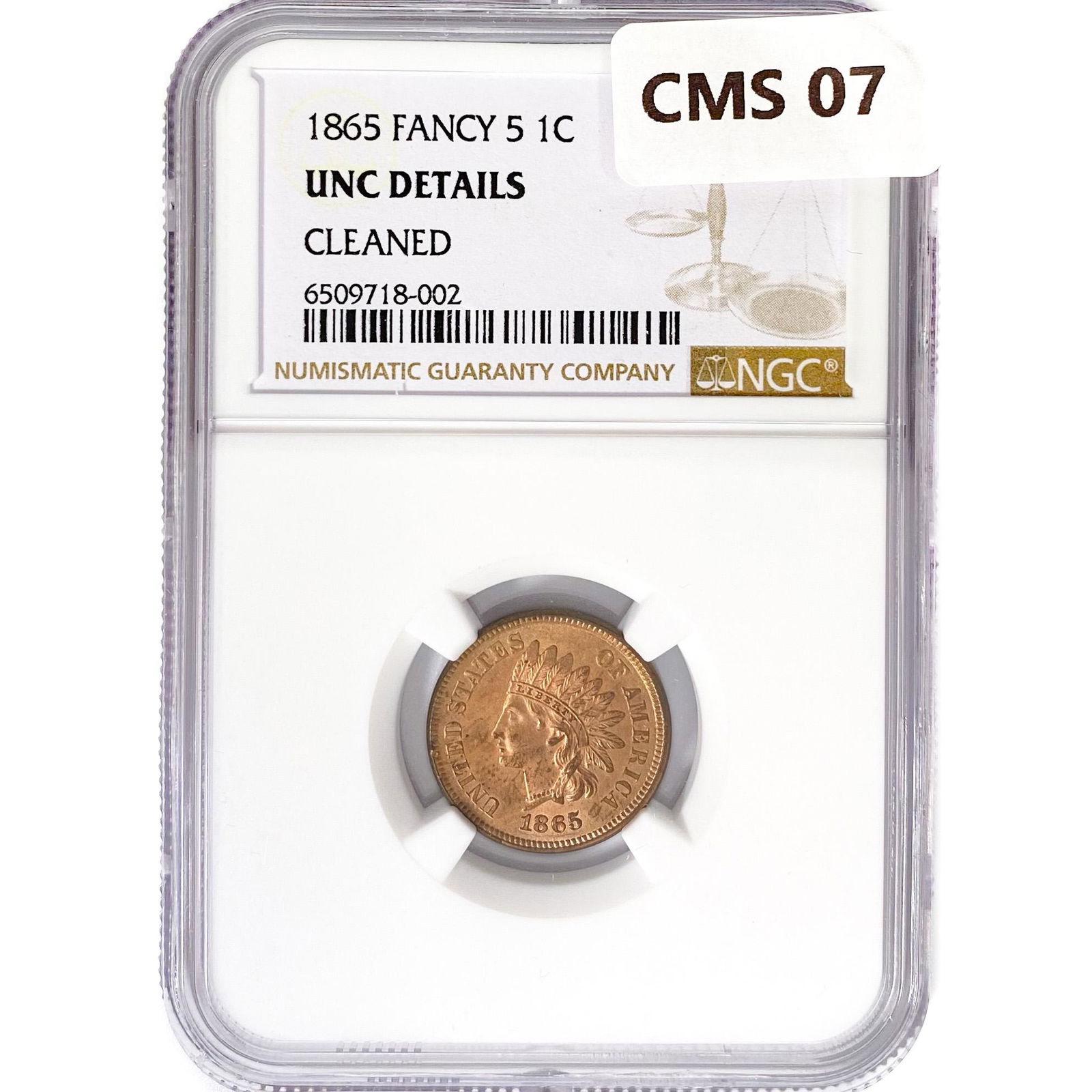 1865 Indian Head Cent NGC UNC Fancy 5, Details, Cl (1 of 2)