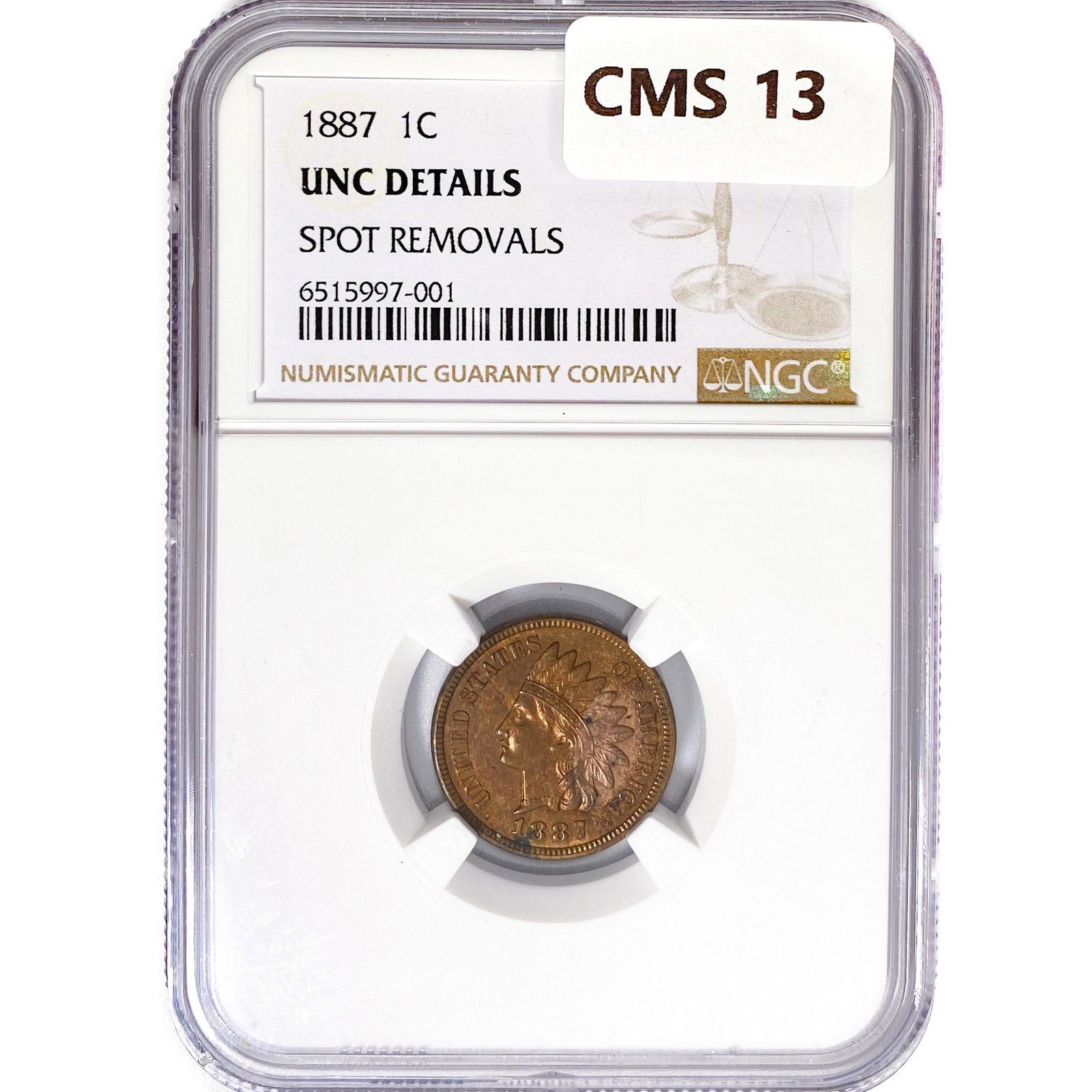 1887 Indian Head Cent NGC UNC Details, Spot Remova (1 of 2)