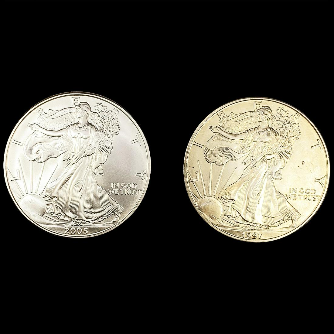 (2) American 1oz Silver Eagles (1997, 2005) SUPERB (1 of 2)