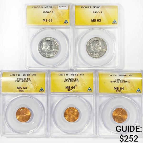 1980-1982 Set(5) 3 LM Pennies, 2 Susan B Anthony $ (1 of 2)