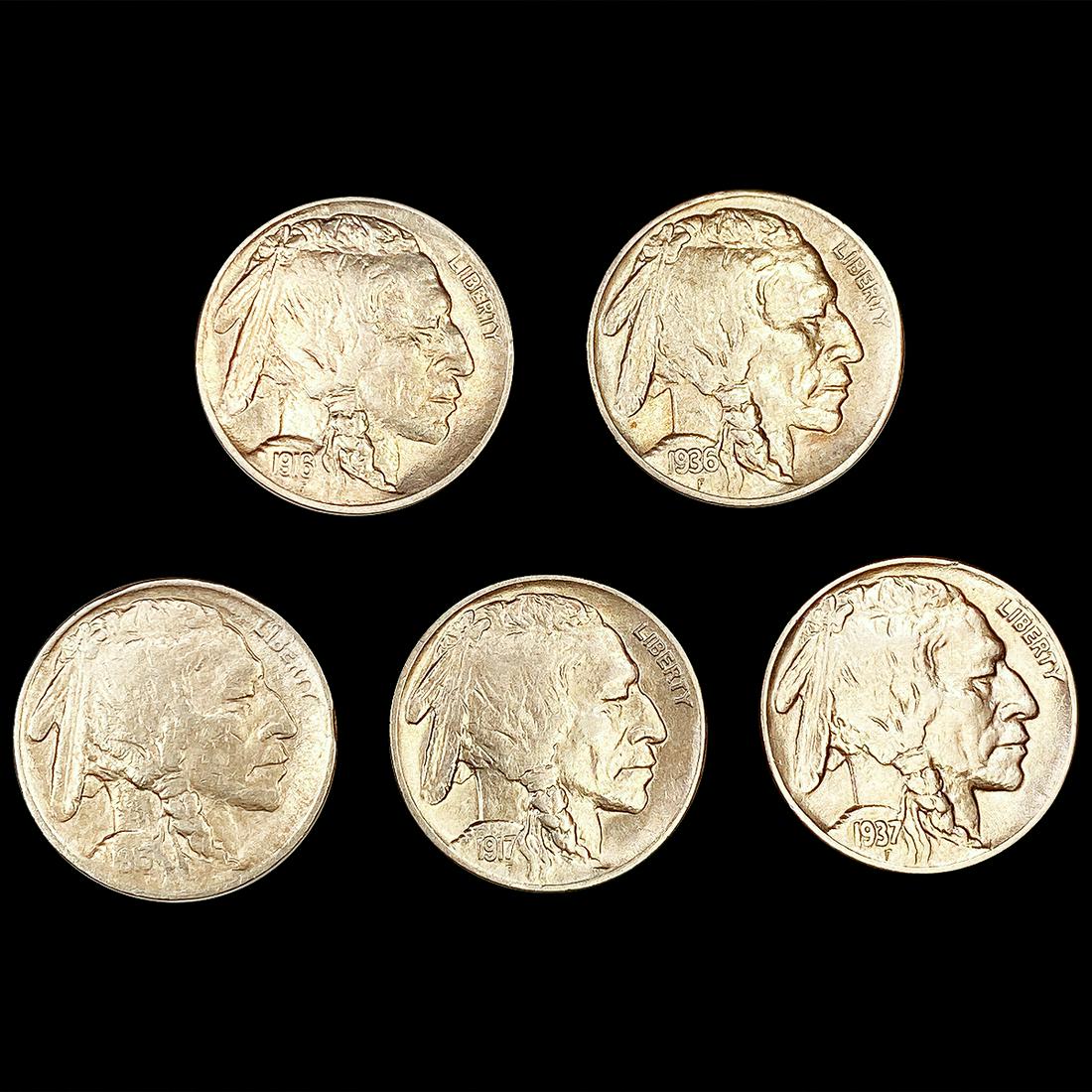 (5) Buffalo Nickels (1913, 1916, 1917, 1936-S, 19 (1 of 2)