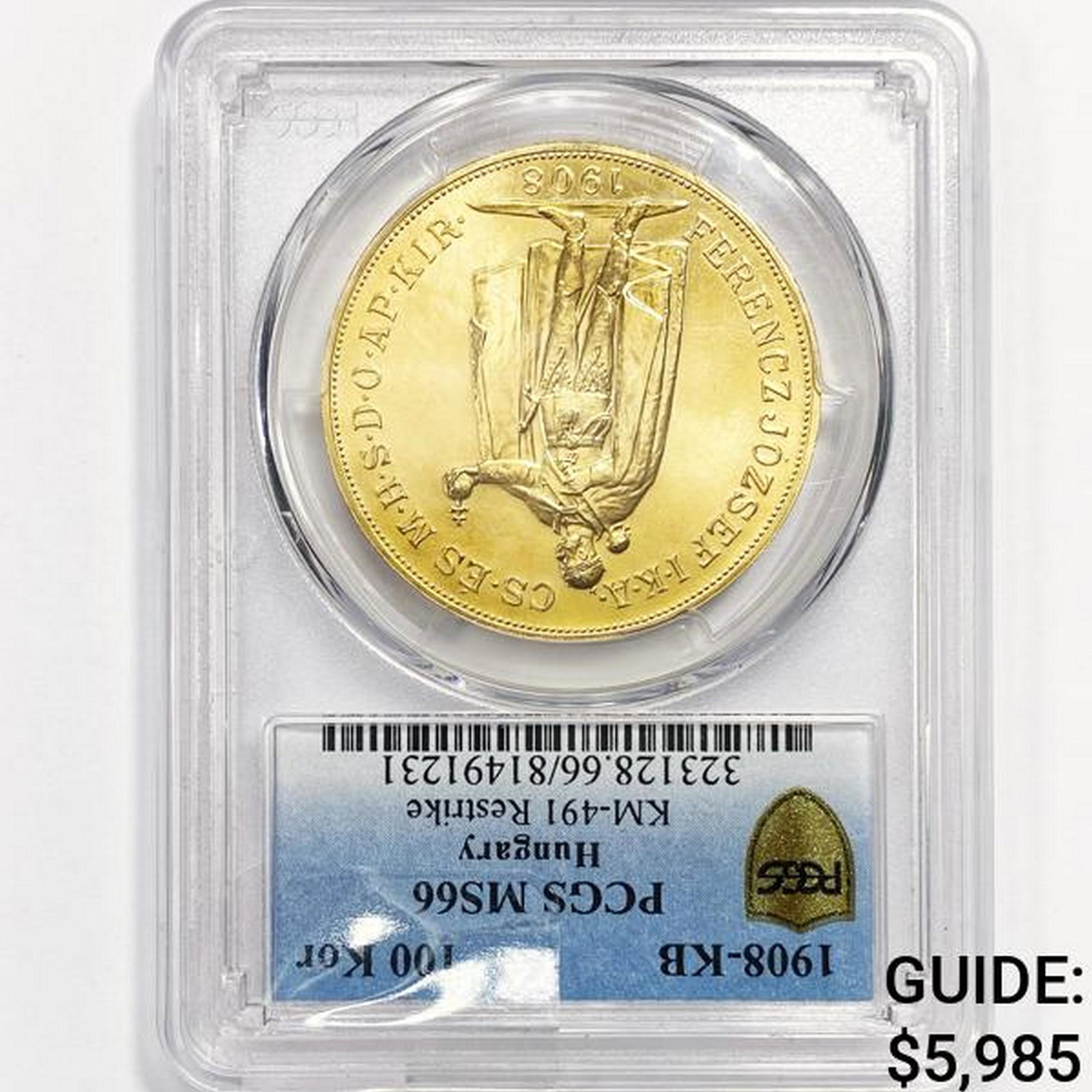 1908-KB 100 Kor .98oz Hungary Gold PCGS MS66: 1908-KB 100 Kor .98oz Hungary Gold PCGS MS66