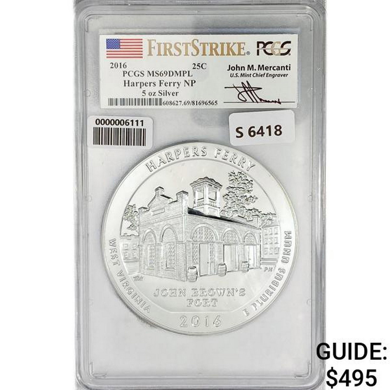 2016 Harpers Ferry 5oz Silver Medal PCGS MS69 DMPL: 2016 Harpers Ferry 5oz Silver Medal PCGS MS69 DMPL