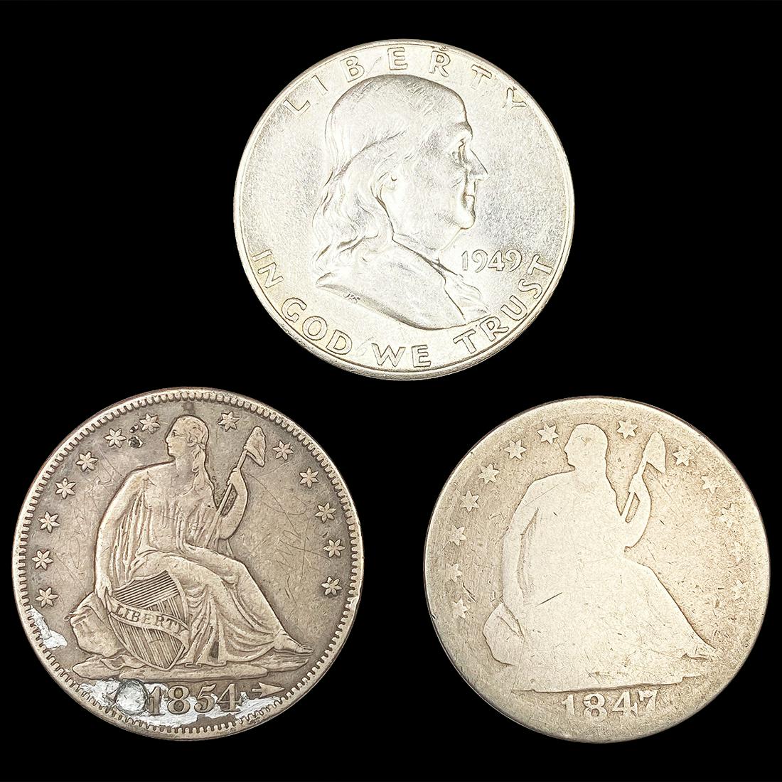 (3) Varied US Half Dollars (1847-O, 1854, 1949-S) (1 of 2)