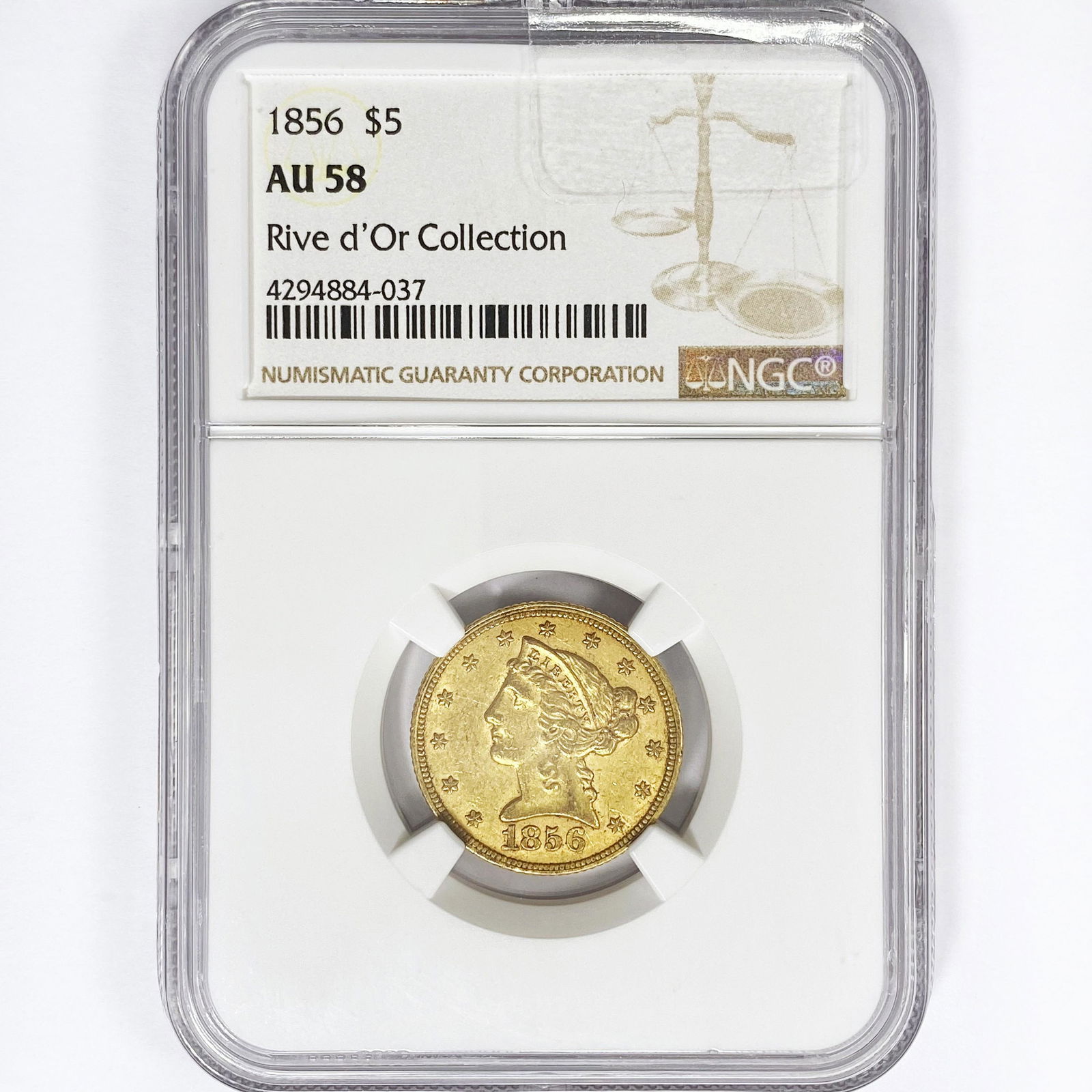 1856 $5 Gold Half Eagle NGC AU58 Rive d'Or Coll (1 of 2)