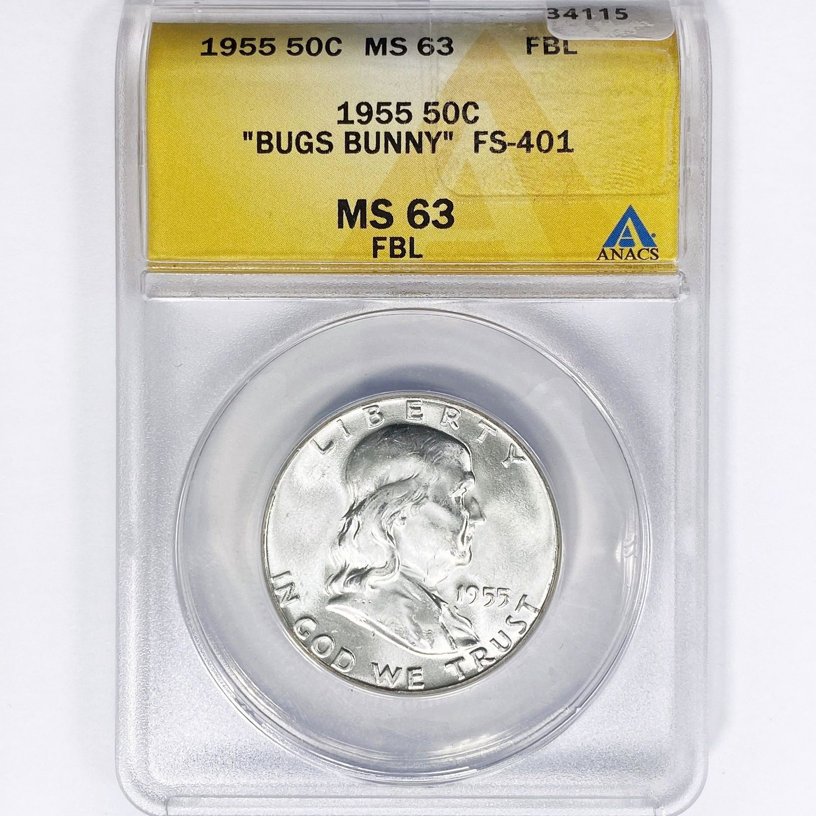 1955 Franklin Half Dollar ANACS MS63 FBL "Bugs Bun (1 of 2)