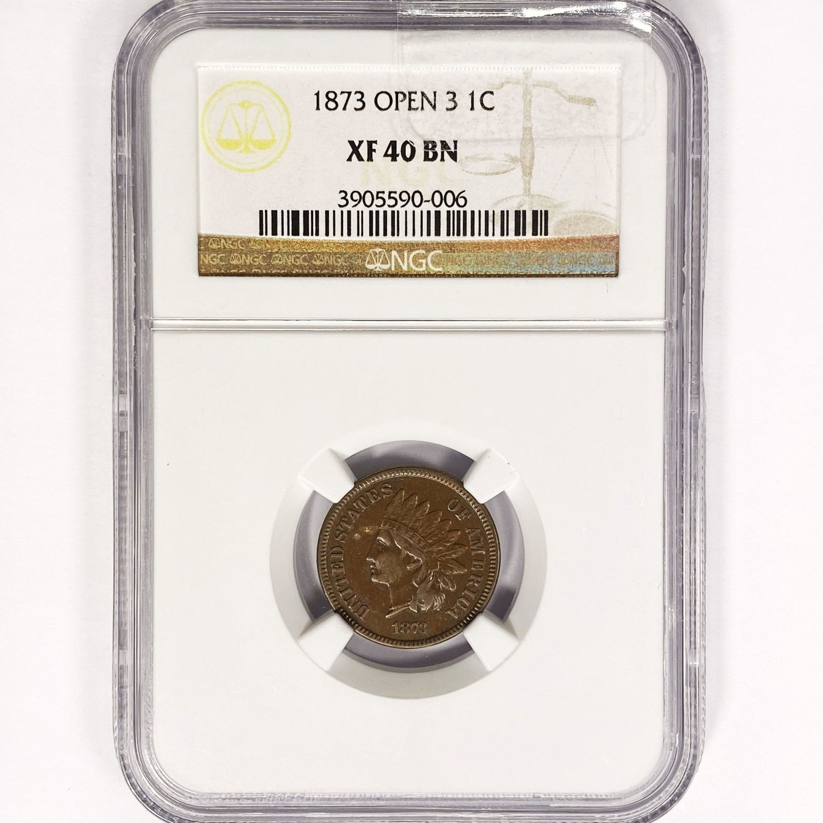 1873 Indian Head Cent NGC XF40 BN, Open 3 (1 of 2)