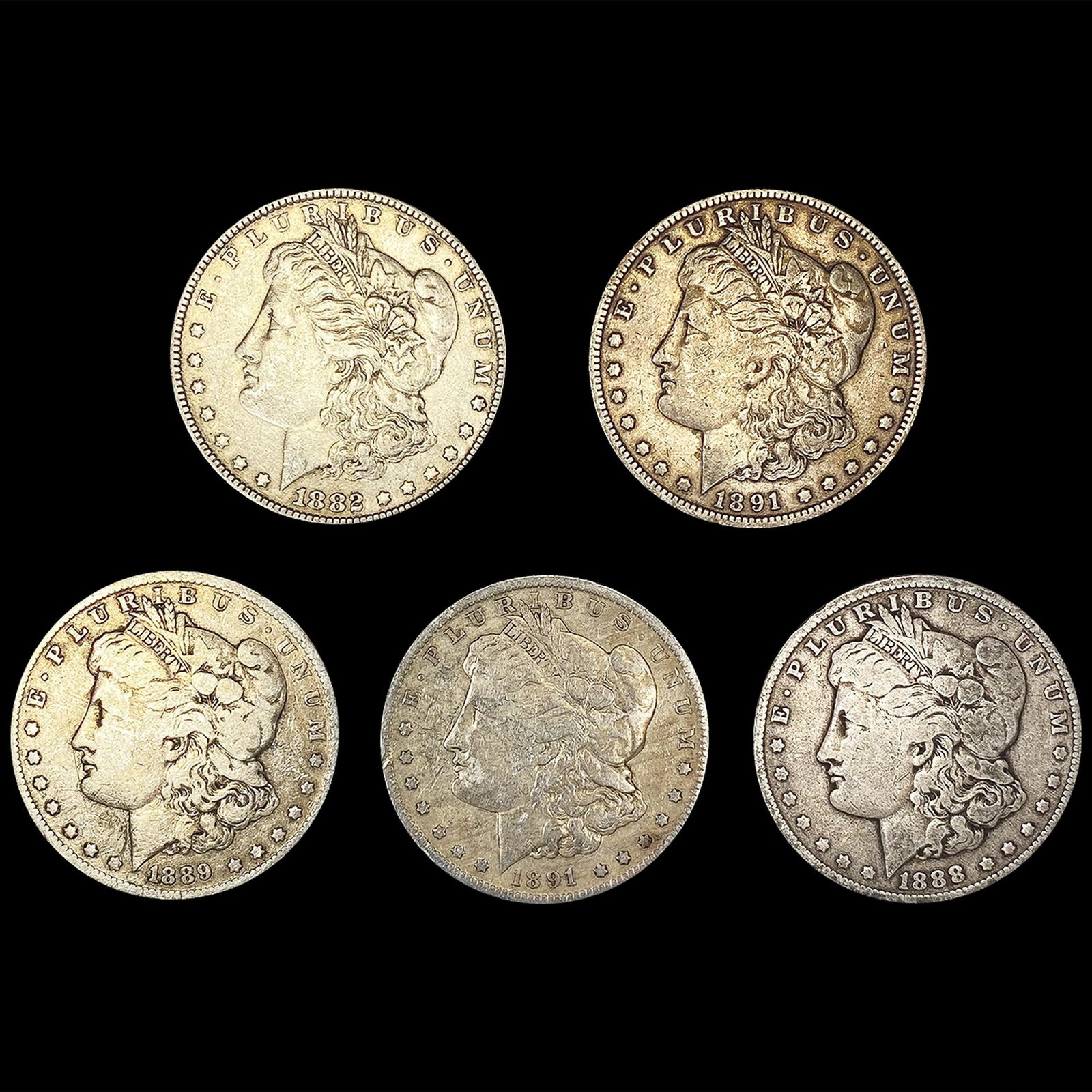 (5) Morgan Silver Dollars (1882, 1888, 1889-O, (2) (1 of 2)