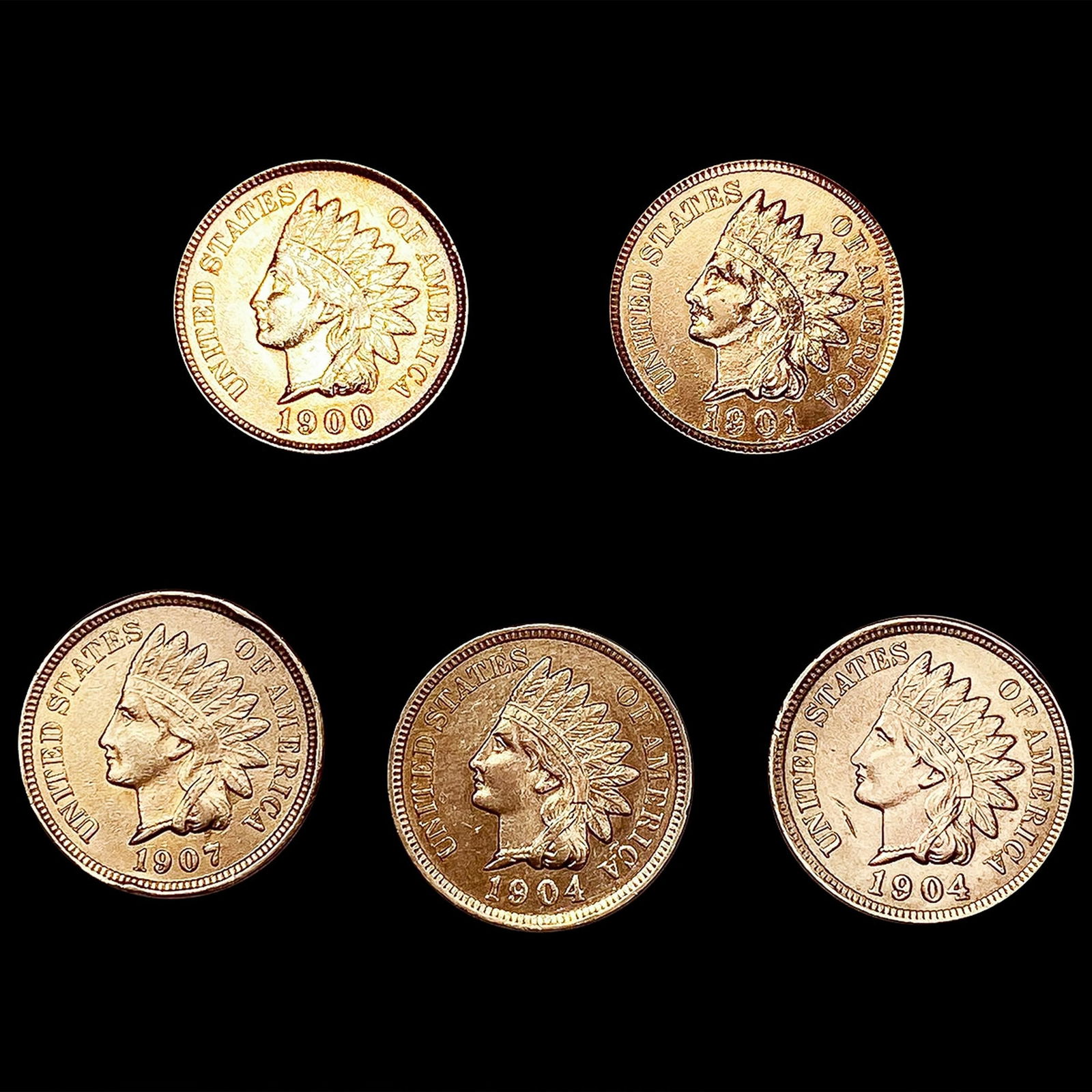 (5) Indian Head Cents (1900, 1901, (2) 1904, 1907 (1 of 2)
