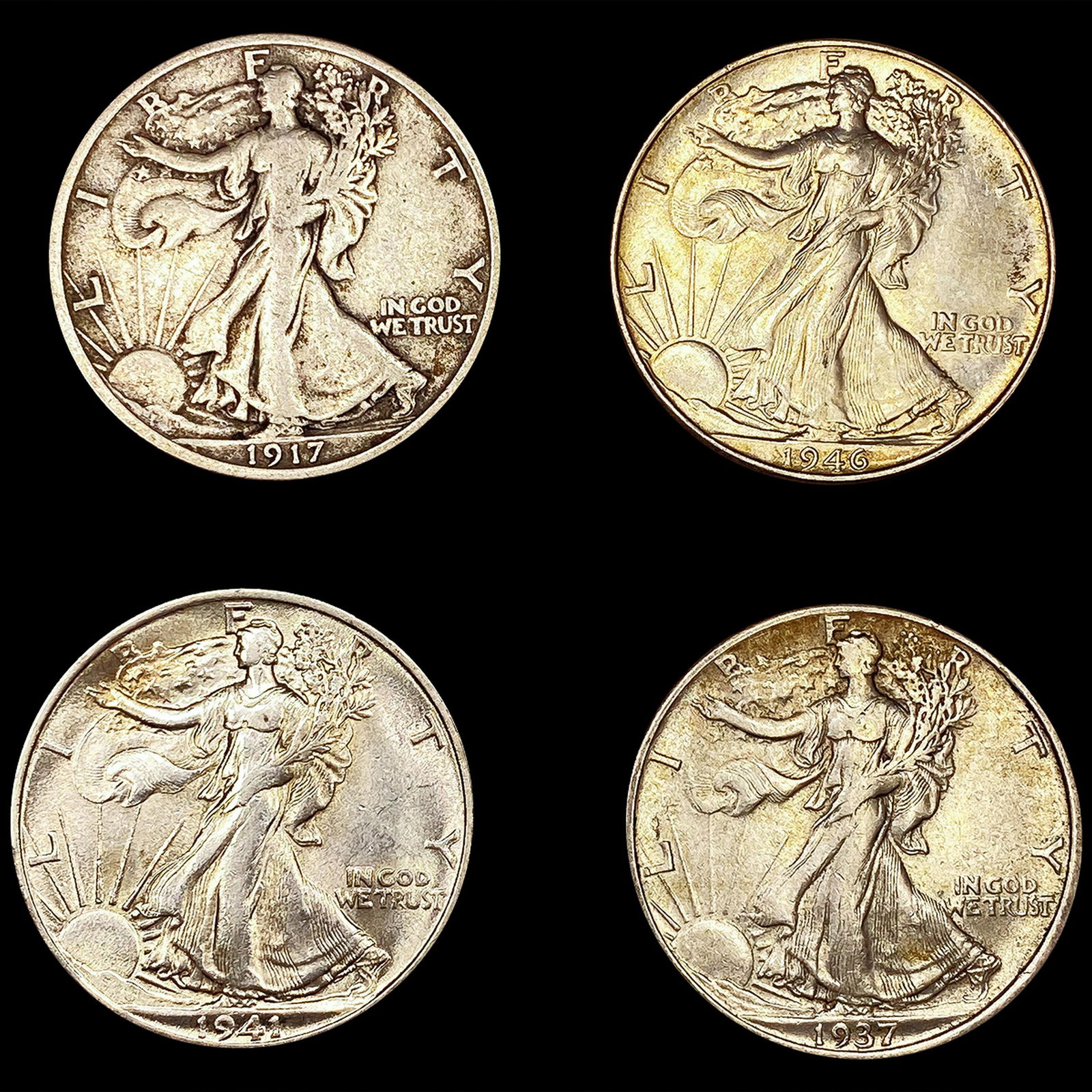 (4) Walking Half Dollars (1917, 1937-S, 1941-S, 19 (1 of 2)