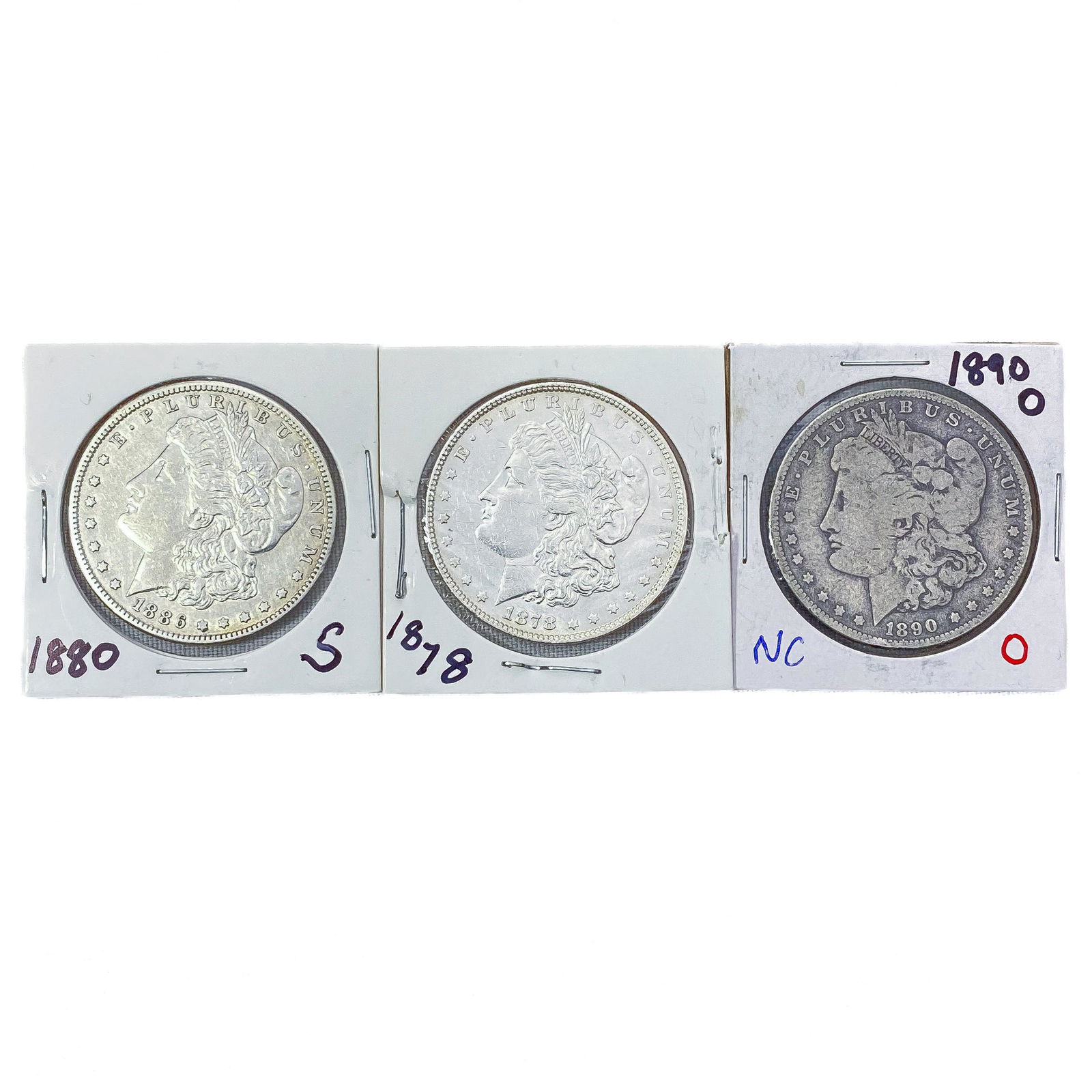 (3) Morgan Silver Dollars (1878, 1880-S, 1890-O) (1 of 2)