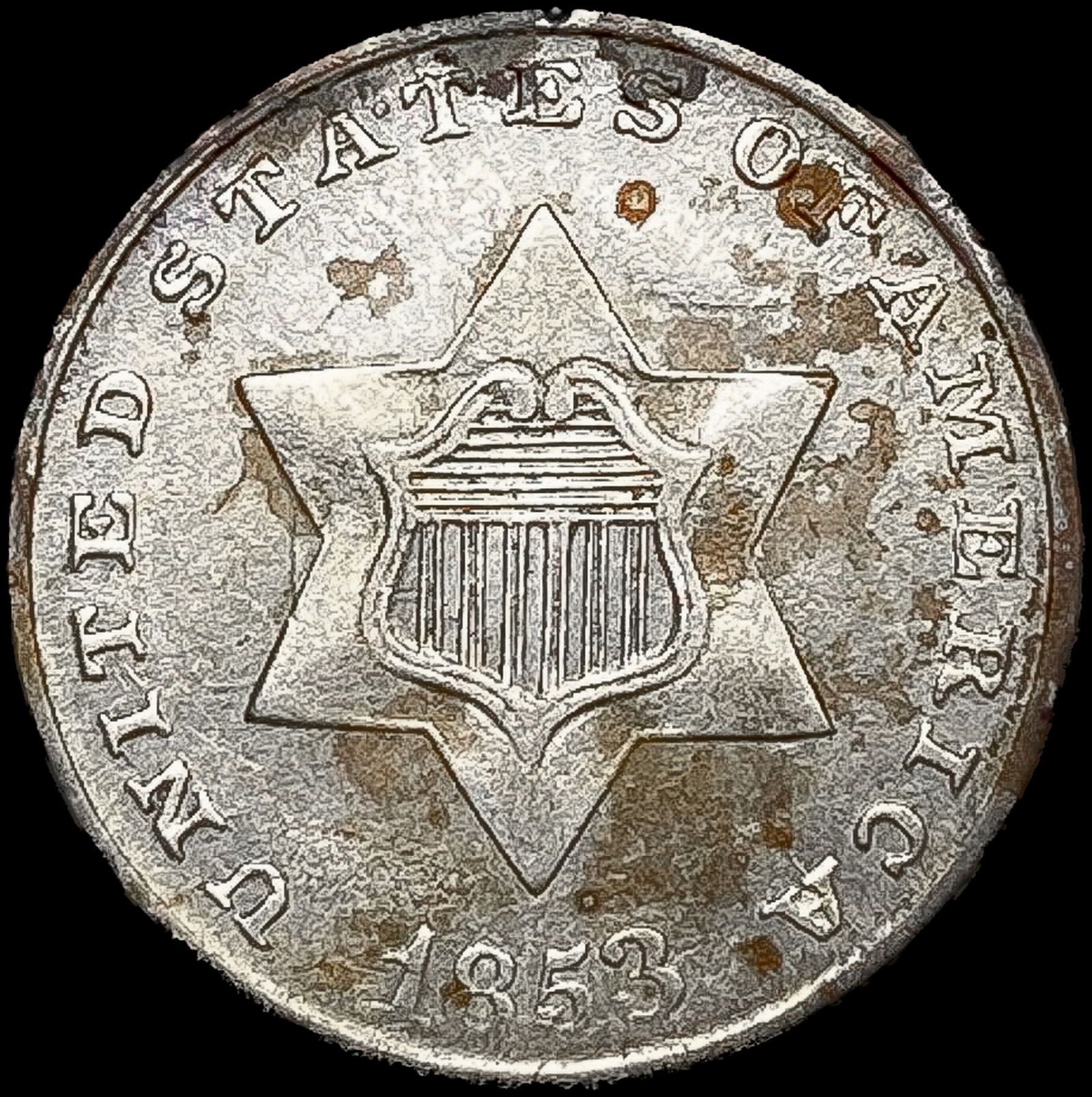 1853 Silver Three Cent CLOSELY UNCIRCULATED (1 of 2)