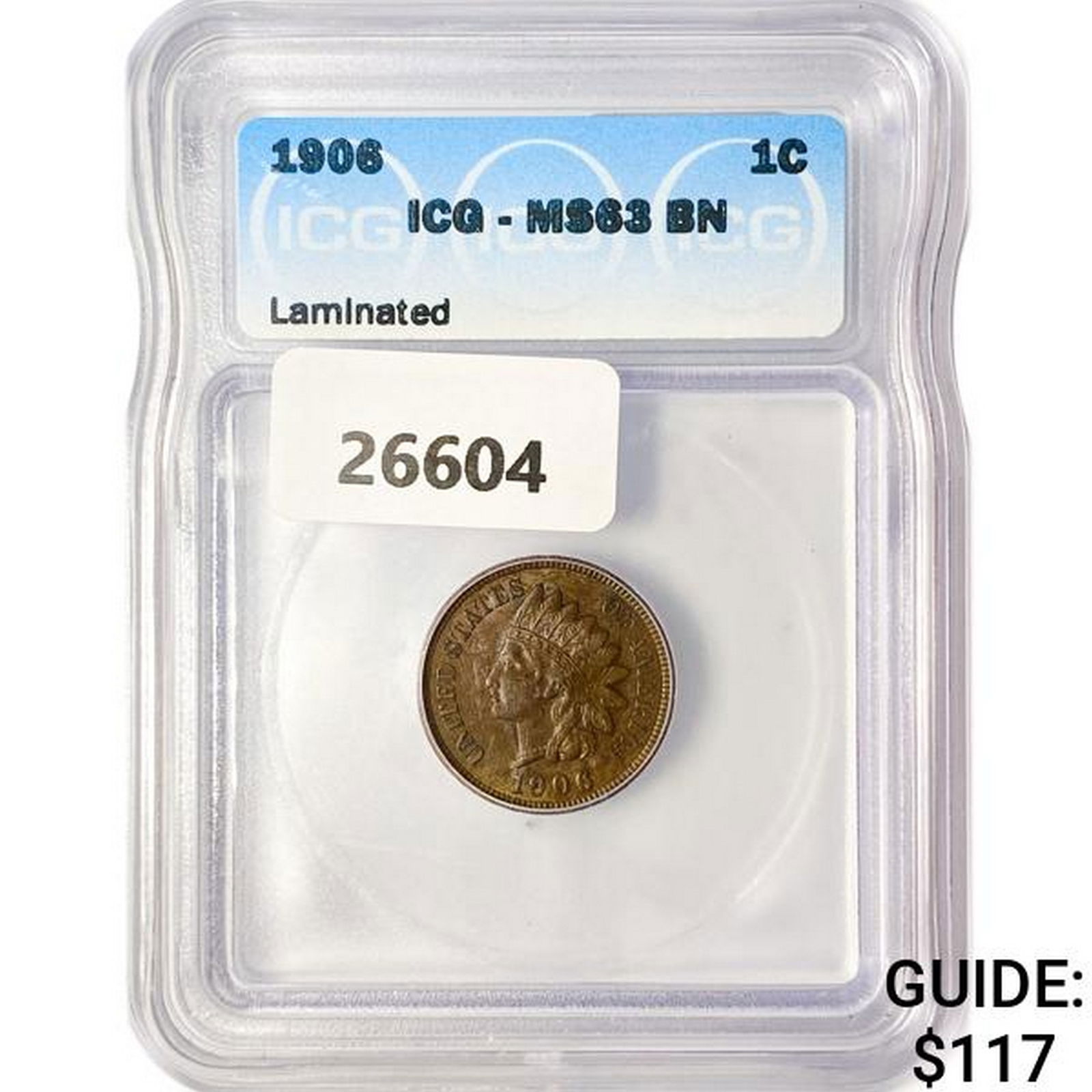 1906 Indian Head Cent ICG MS63 BN, Laminated (1 of 2)