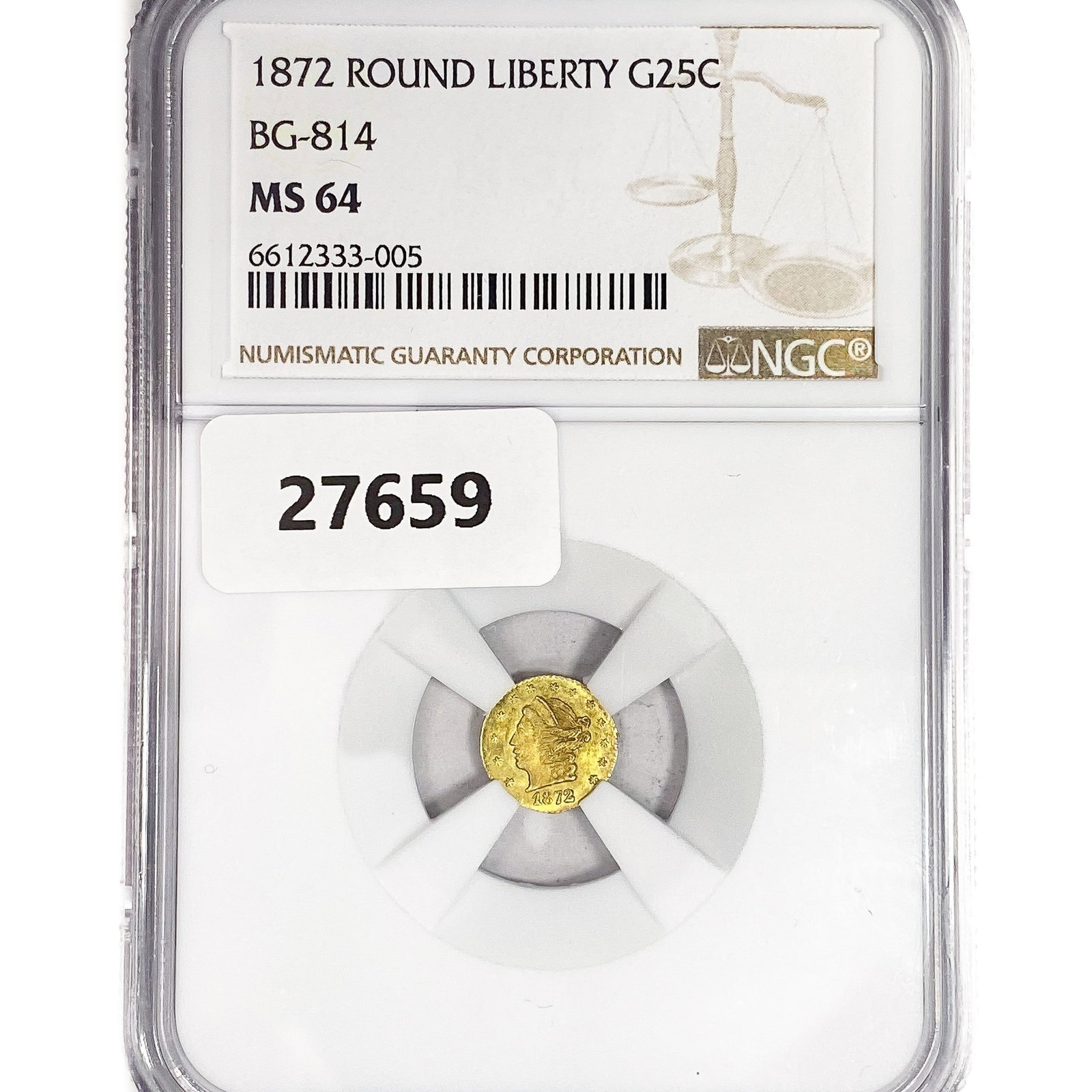 1872 Round California Gold Quarter NGC MS64 BG-814: 1872 Round California Gold Quarter NGC MS64 BG-814
