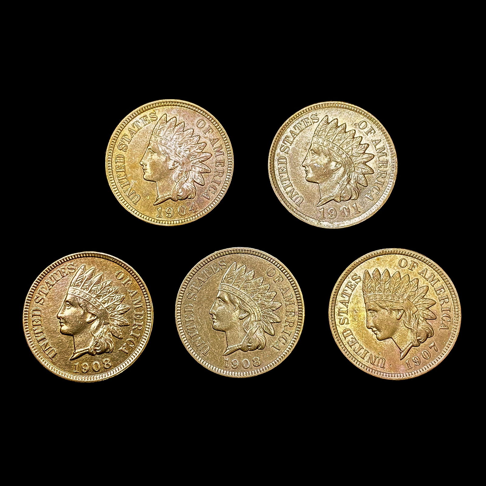 (5) Indian Head Cents (1901, 1904, 1907, (2) 1908) (1 of 2)