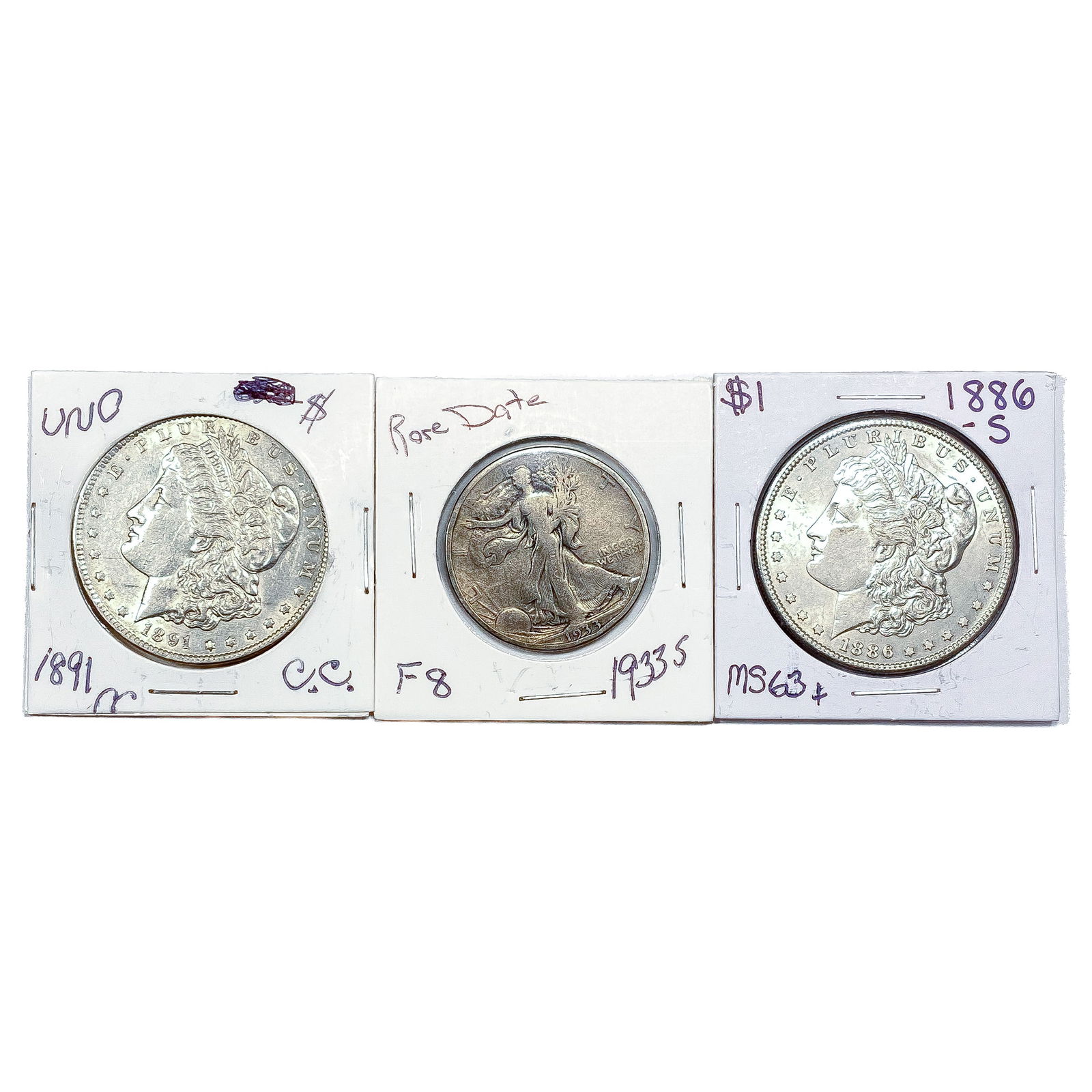 1886-1933 (Set 3) 2-Morgan $1, 1-Walking Lib 50C (1 of 2)