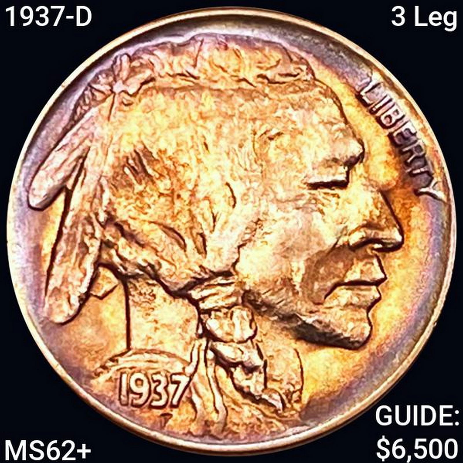 1937-D 3 Leg Buffalo Nickel UNCIRCULATED + (1 of 2)