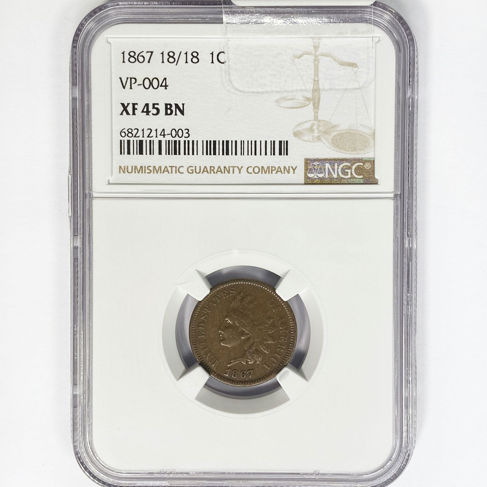 1867 18/18 Indian Head Cent NGC XF45 BN VP-004 (1 of 2)
