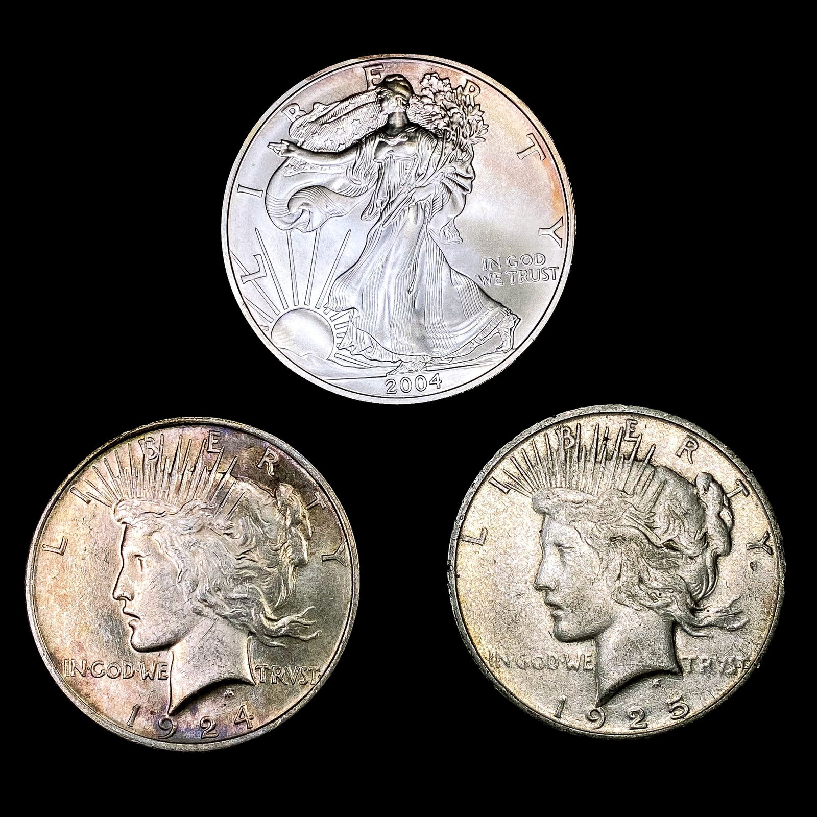[3] Varied US Silver Dollars [1924, 1925-S, 2004] (1 of 2)
