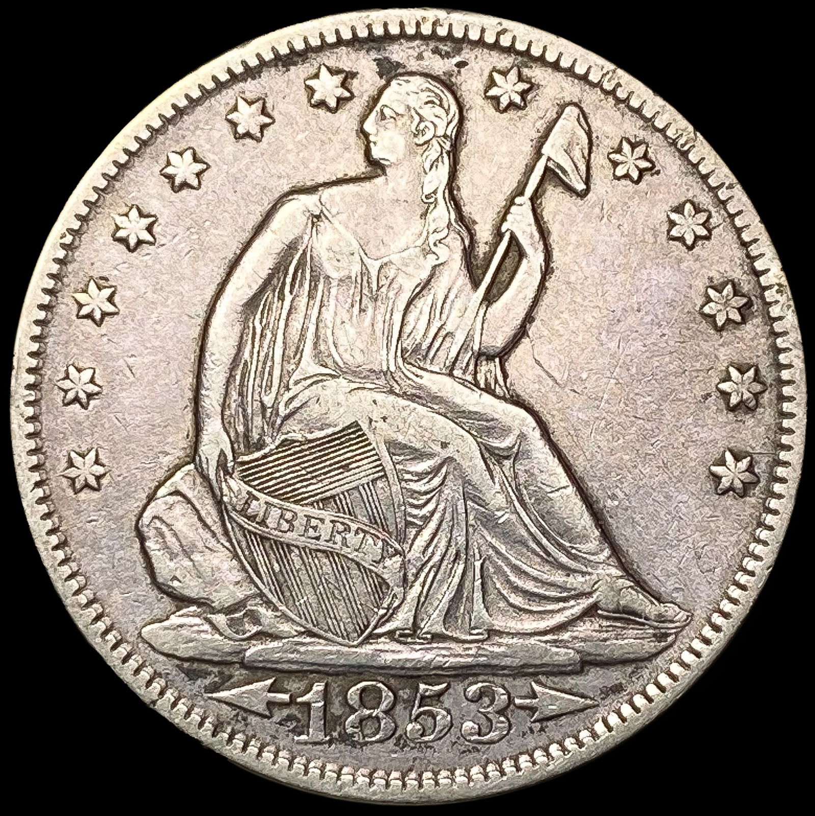 1853 Arws & Rays Seated Liberty Half Dollar NEARLY (1 of 2)
